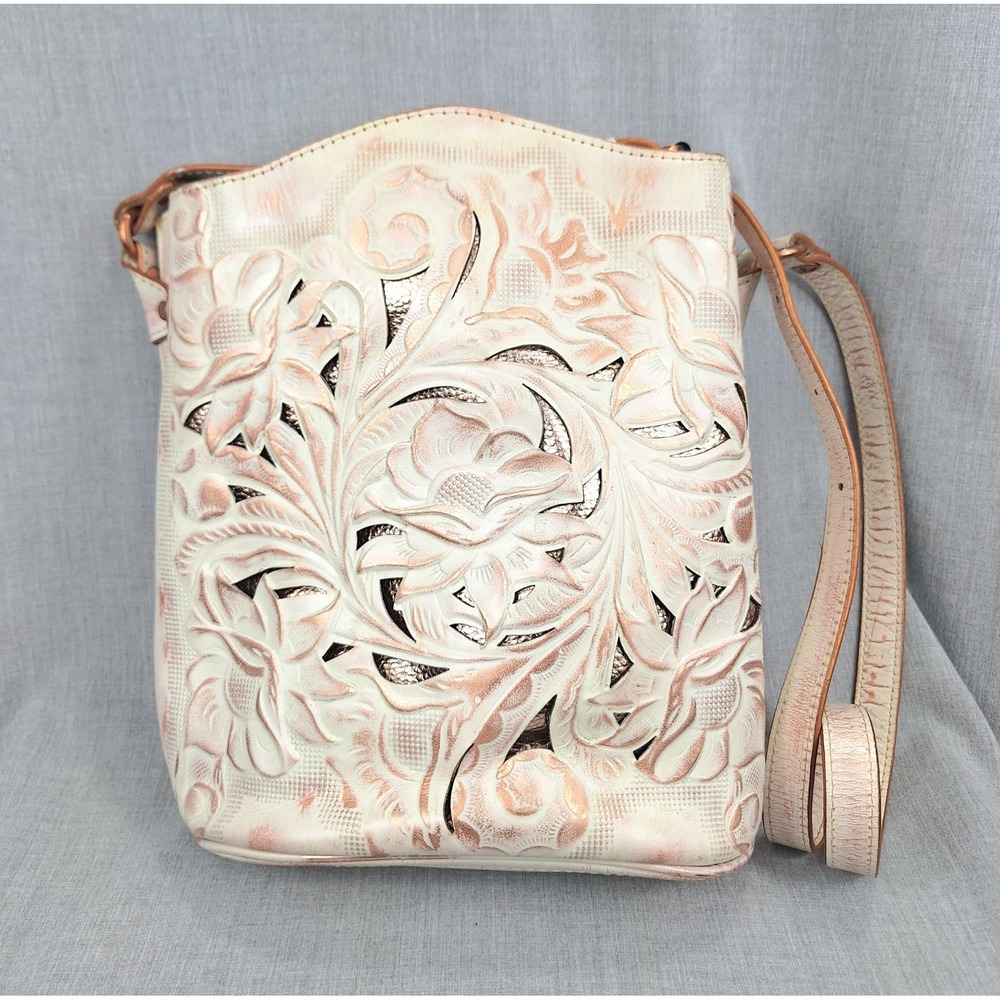 Patricia Nash Cream Rose Gold Tooled Leather Floral Crossbody Bag Copper Tone